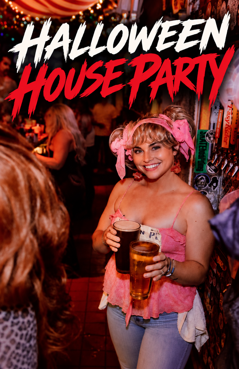 Halloween House Party poster showing a woman holding two beers with white and red HALLOWEEN HOUSE PARTY lettering