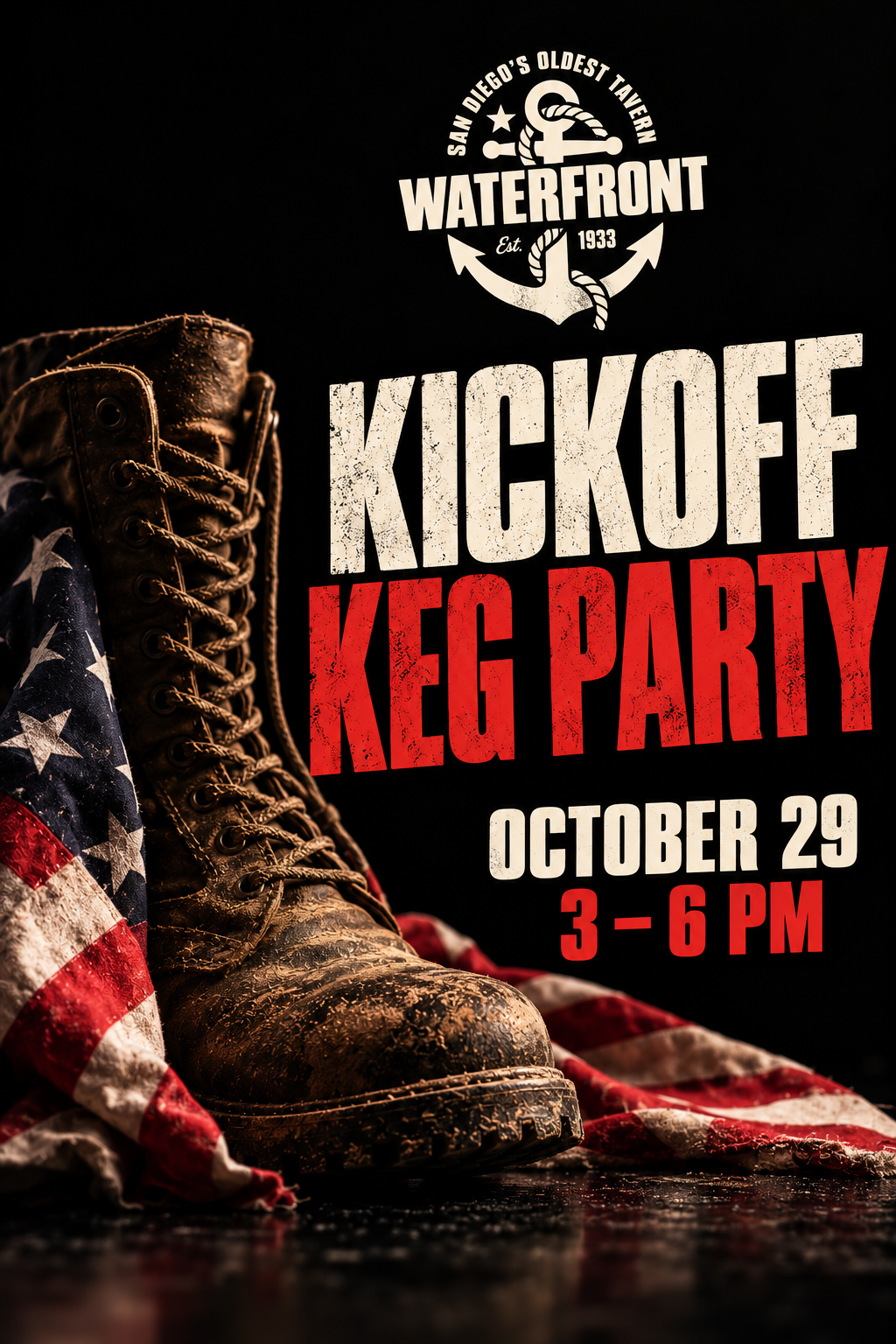Kickoff Keg Party poster with a combat boot on an American flag, October 29, 3–6 PM