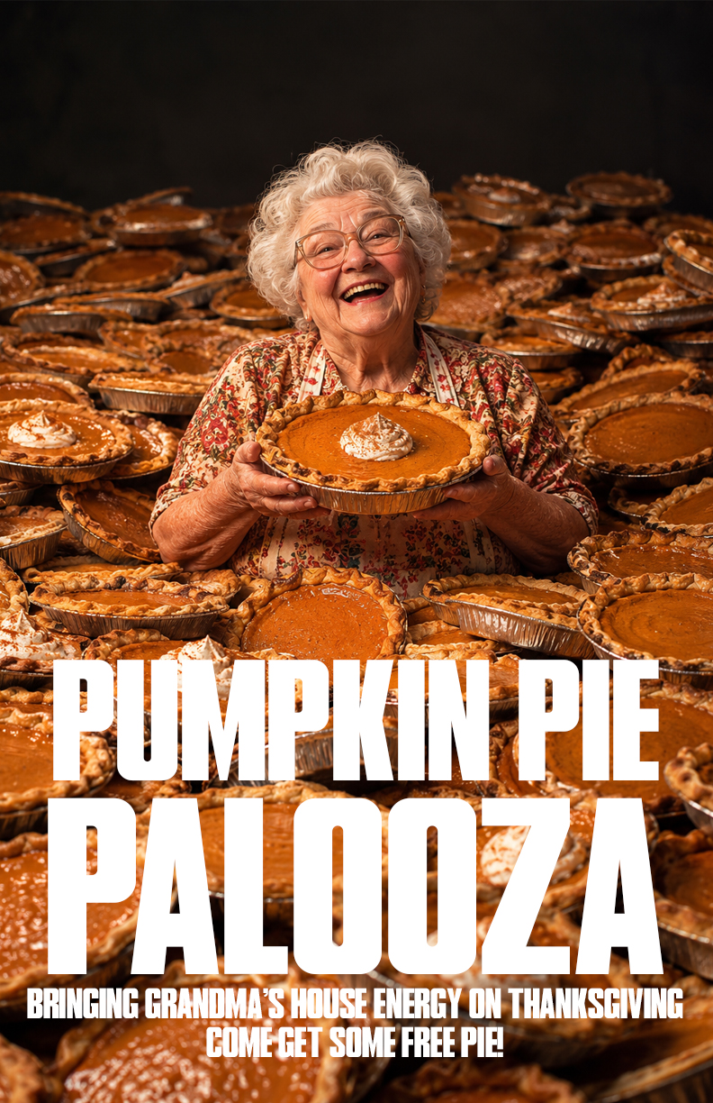 Thanksgiving Pumpkin Pie Palooza poster: a smiling grandma holding a pumpkin pie, surrounded by pies, with an invitation to come get some free pie